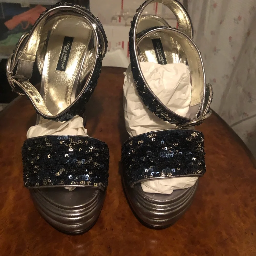 Dolce & Gabbana Blue/Silver Sequin Wedges 39.5